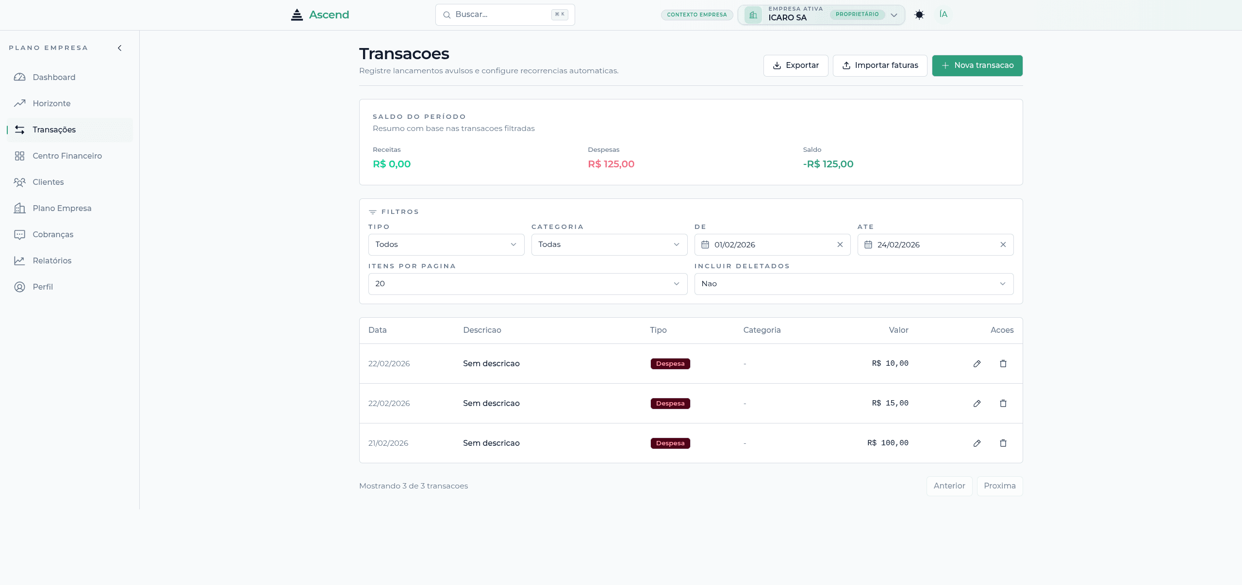 Screenshot apresentando a área de Controle de Transações